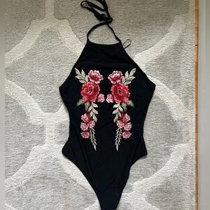 open back halter bodysuit